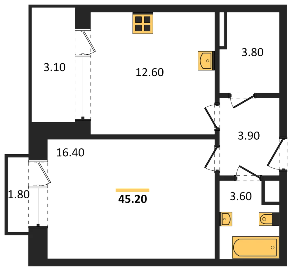 Планировка: 1-комн., 45,2 м²