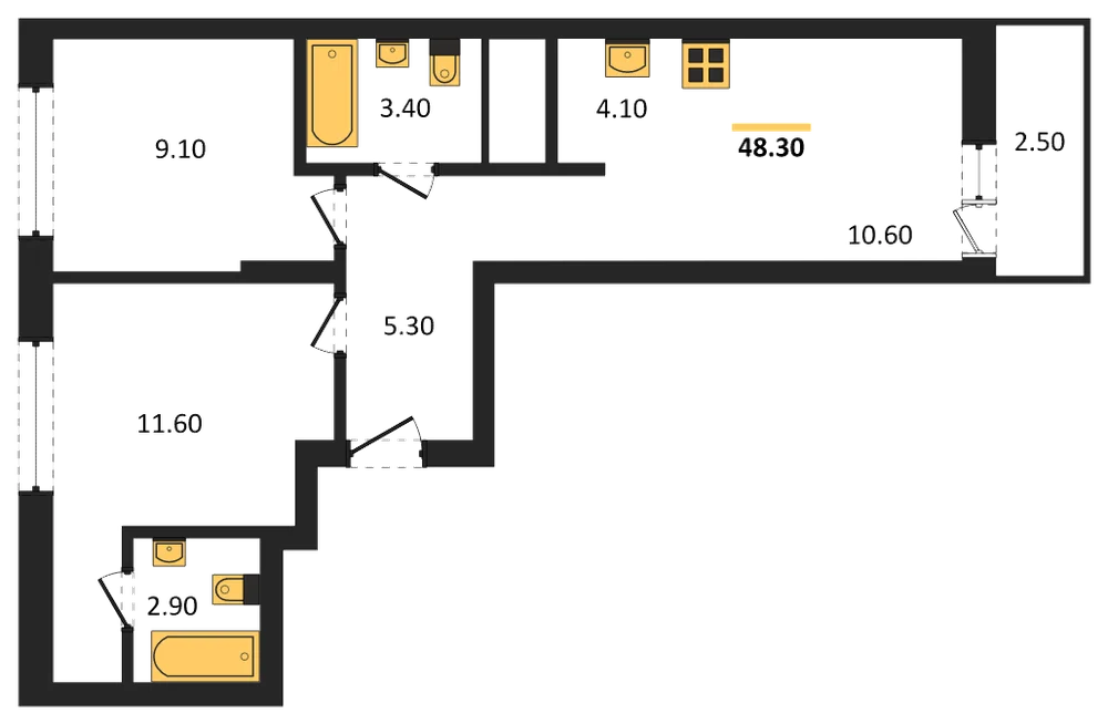Планировка: 2-комн., 48,3 м²