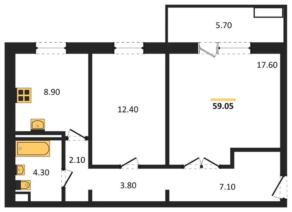 Планировка: 2-комн., 59,1 м²