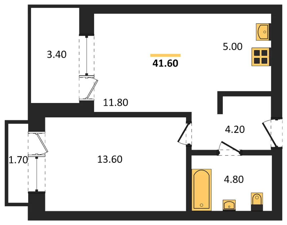Планировка: 2-комн., 41,6 м²