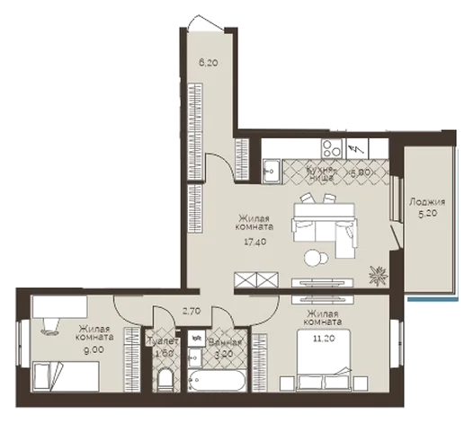 Планировка: 2-комн., 58,9 м²