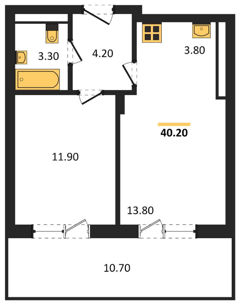 Планировка: 1-комн., 40,2 м²