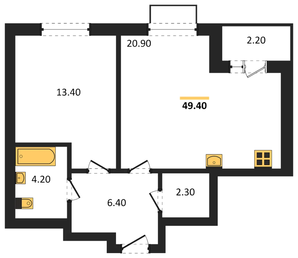 Планировка: 1-комн., 49,4 м²
