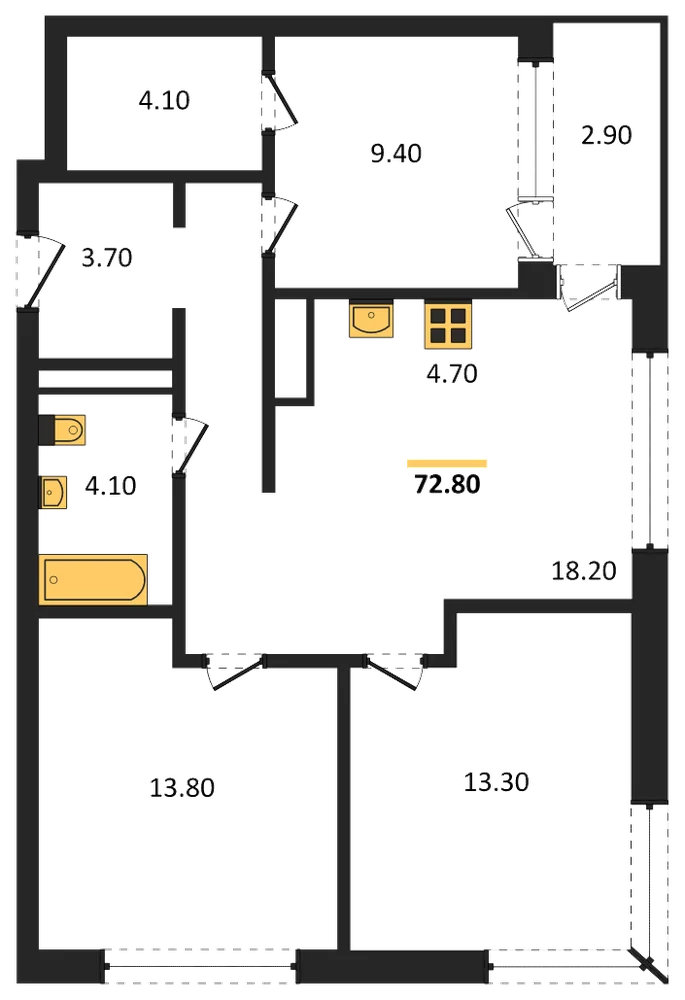 Планировка: 3-комн., 72,8 м²