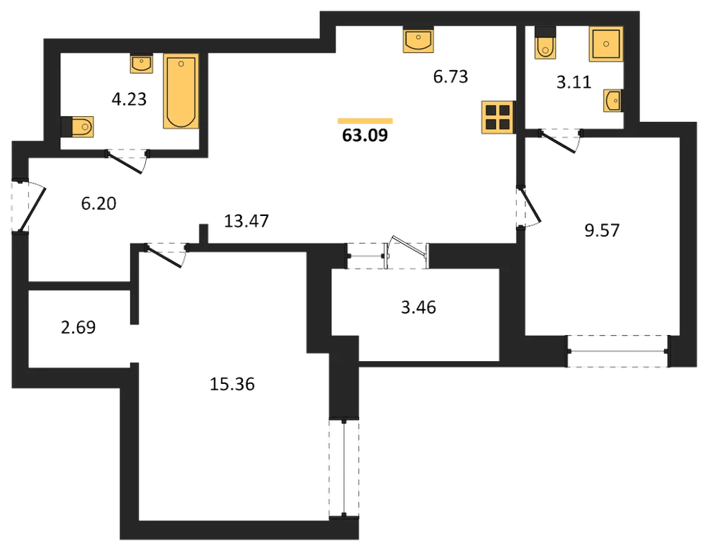 Планировка: 2-комн., 63,1 м²