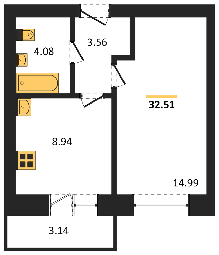 Планировка: 1-комн., 32,5 м²