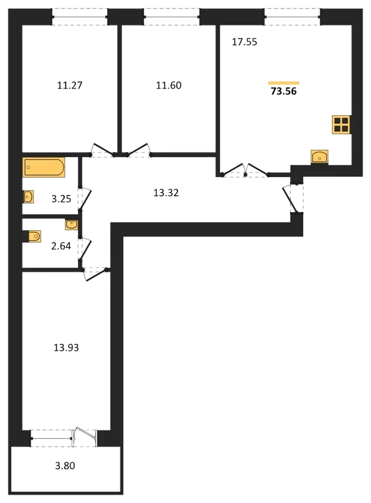 Планировка: 3-комн., 73,6 м²