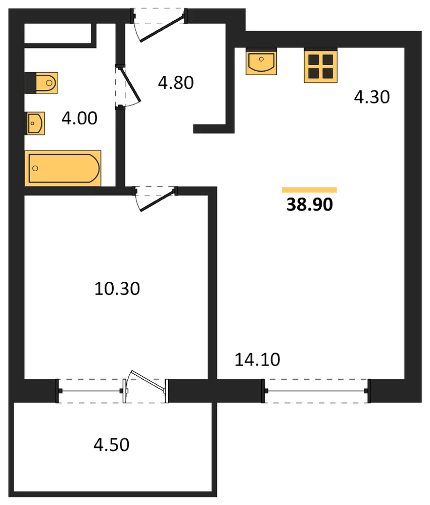 Планировка: 1-комн., 38,9 м²
