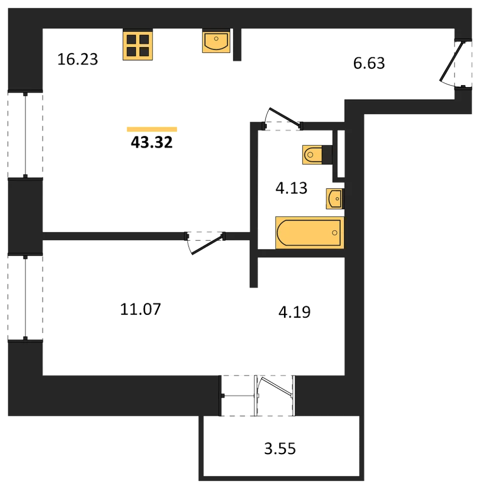 Планировка: 1-комн., 43,3 м²