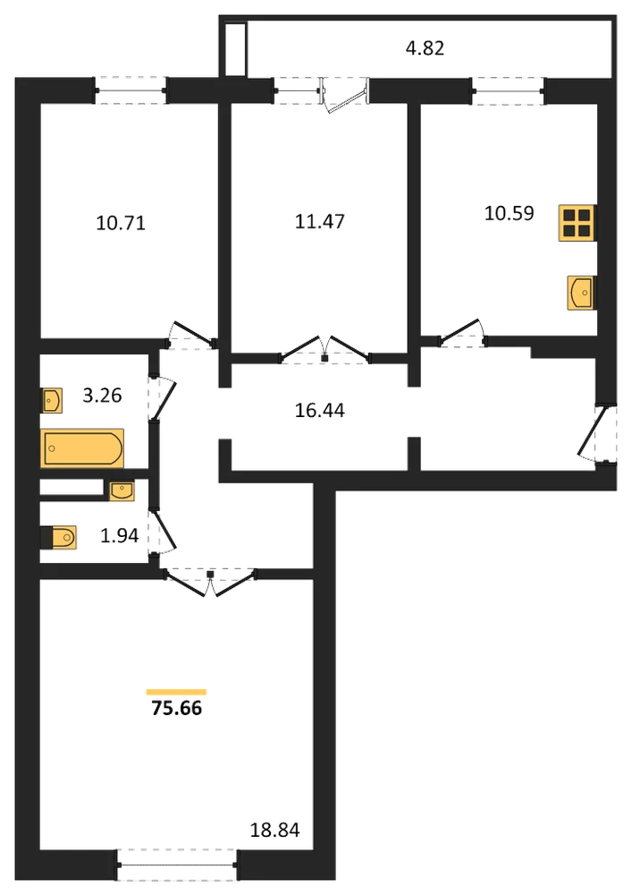 Планировка: 3-комн., 75,7 м²