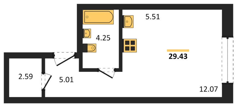 Планировка: Студия, 29,1 м²