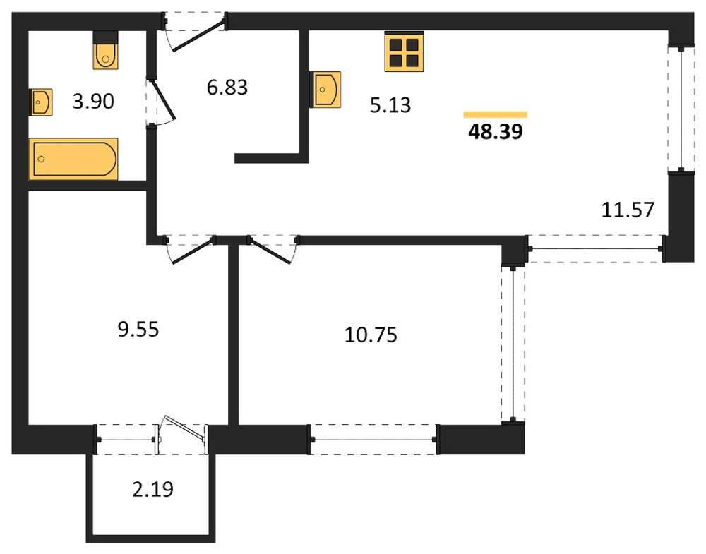 Планировка: 3-комн., 48,2 м²