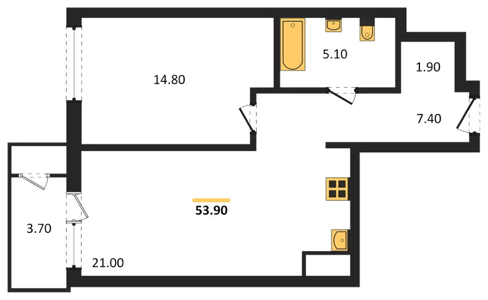 Планировка: 1-комн., 53,9 м²