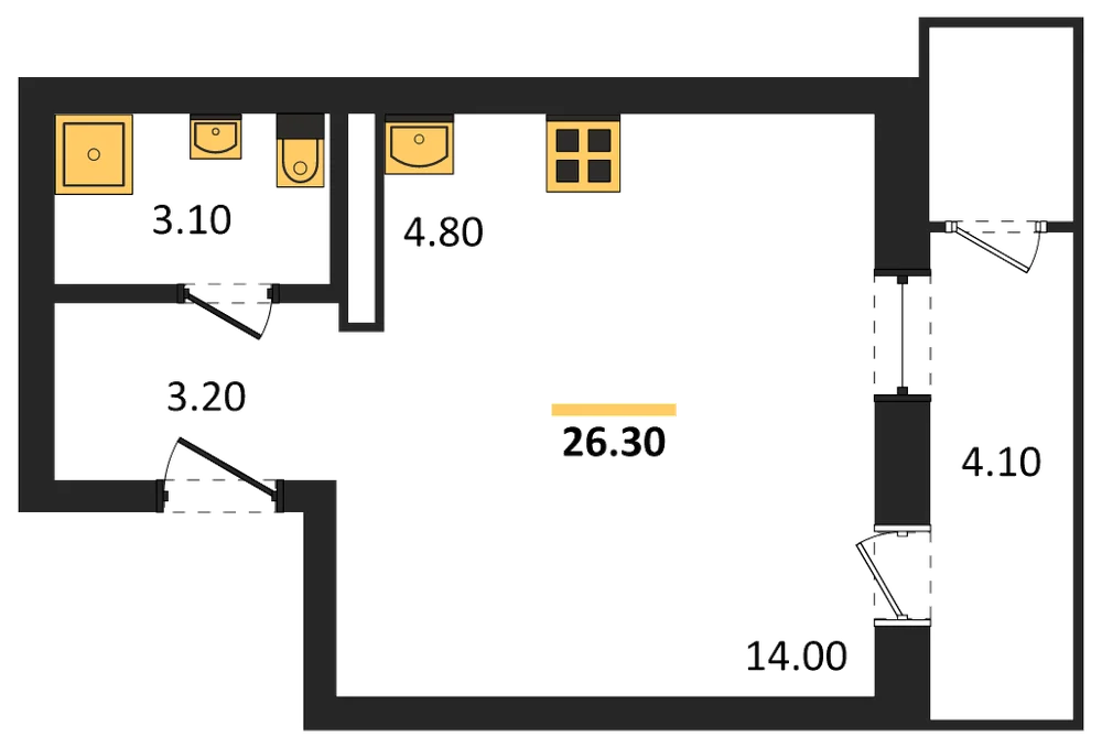Планировка: Студия, 26,3 м²