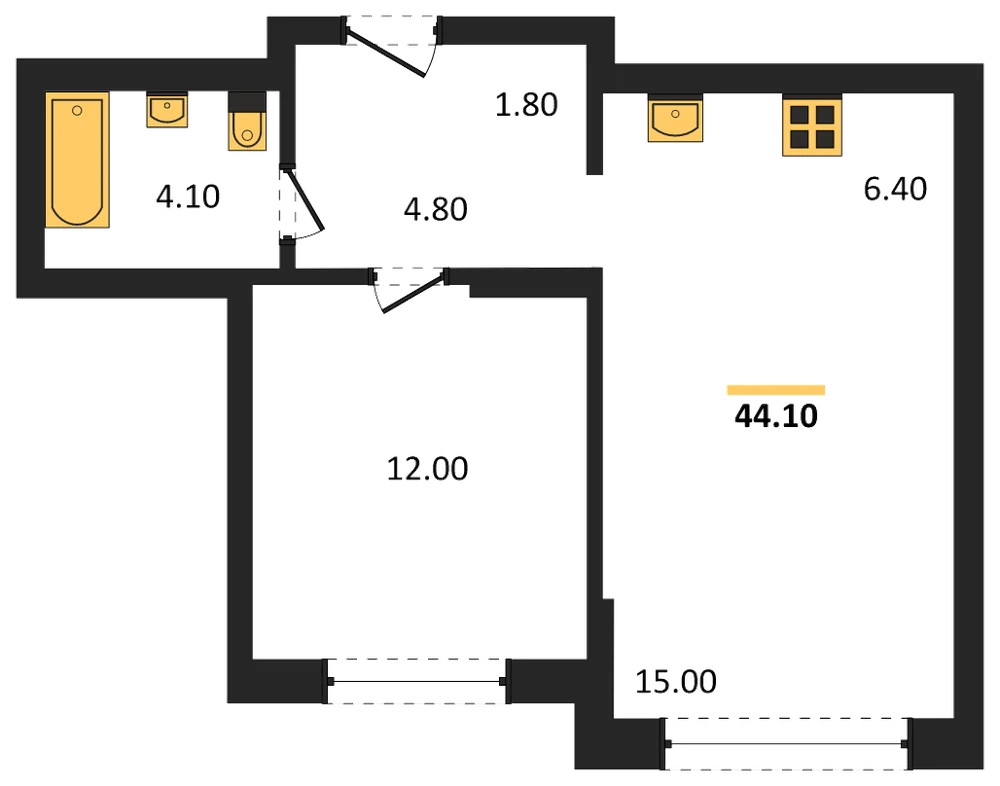 Планировка: 1-комн., 44,1 м²
