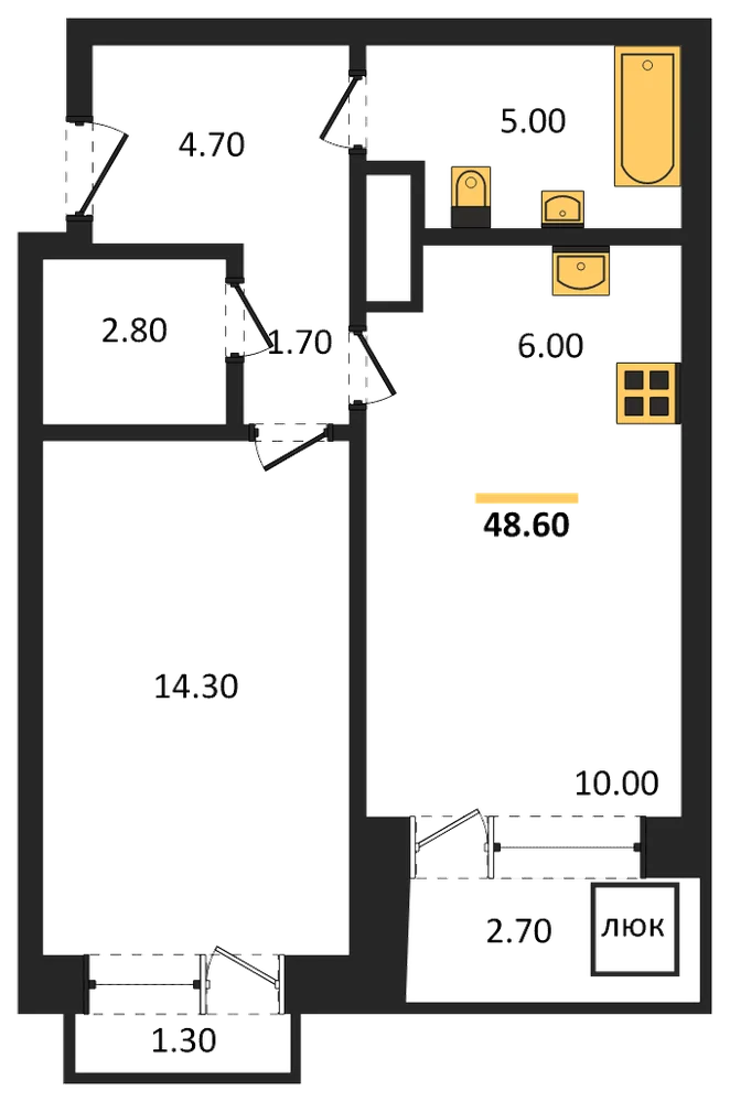 Планировка: 1-комн., 48,6 м²