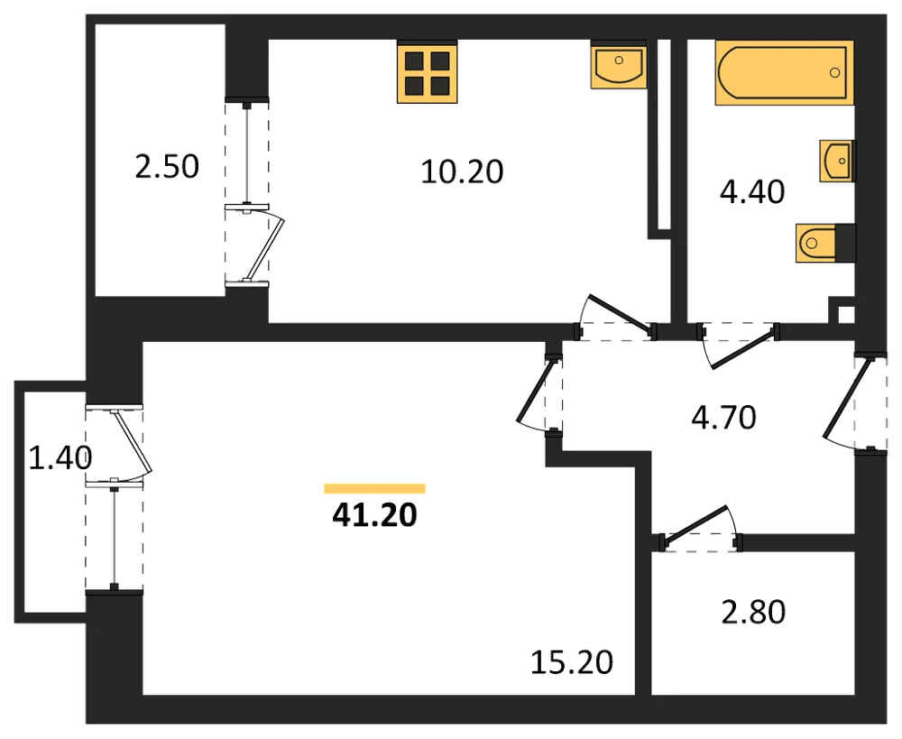 Планировка: 1-комн., 41,2 м²