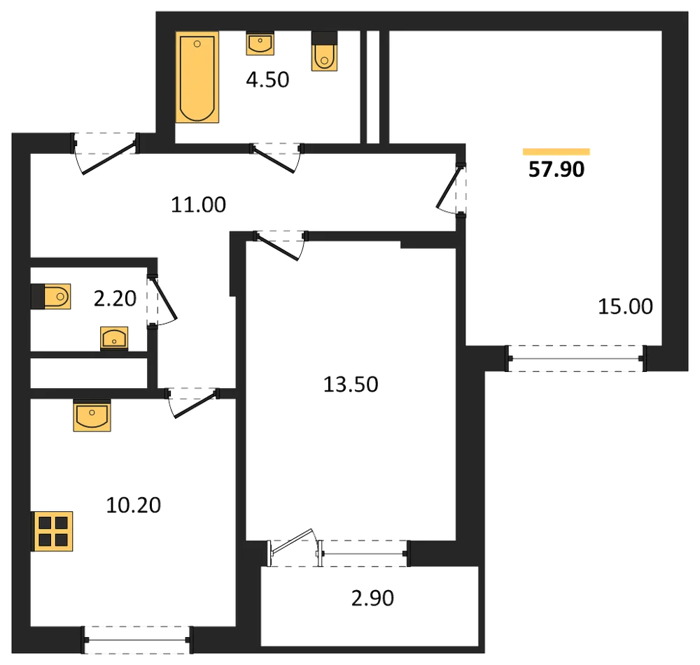 Планировка: 2-комн., 57,9 м²
