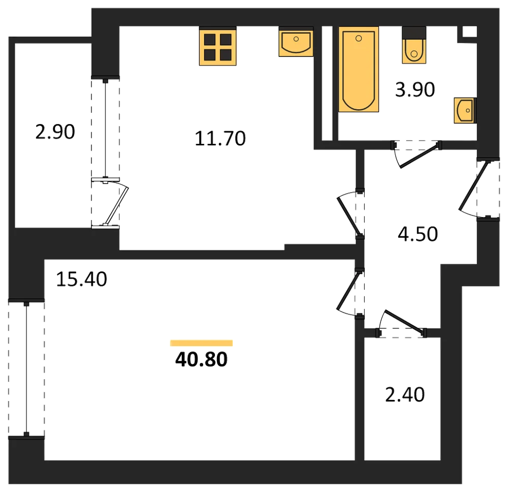 Планировка: 1-комн., 40,8 м²