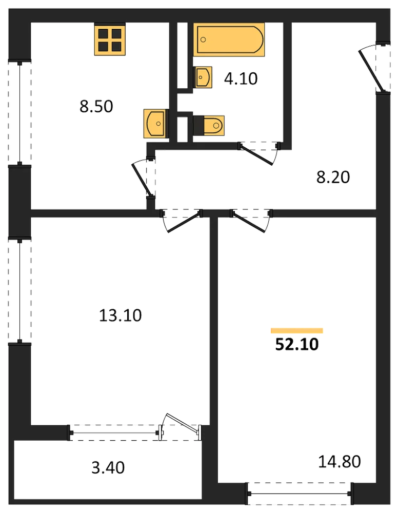 Планировка: 2-комн., 52,1 м²