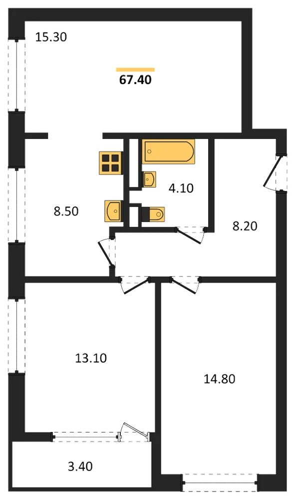 Планировка: 2-комн., 67,4 м²