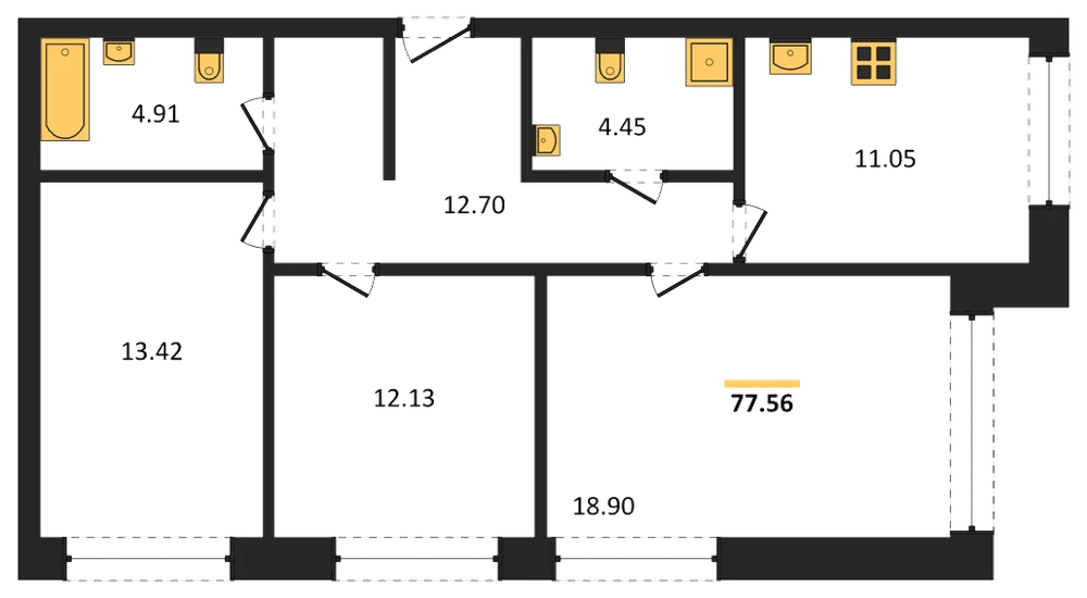 Планировка: 3-комн., 76,6 м²