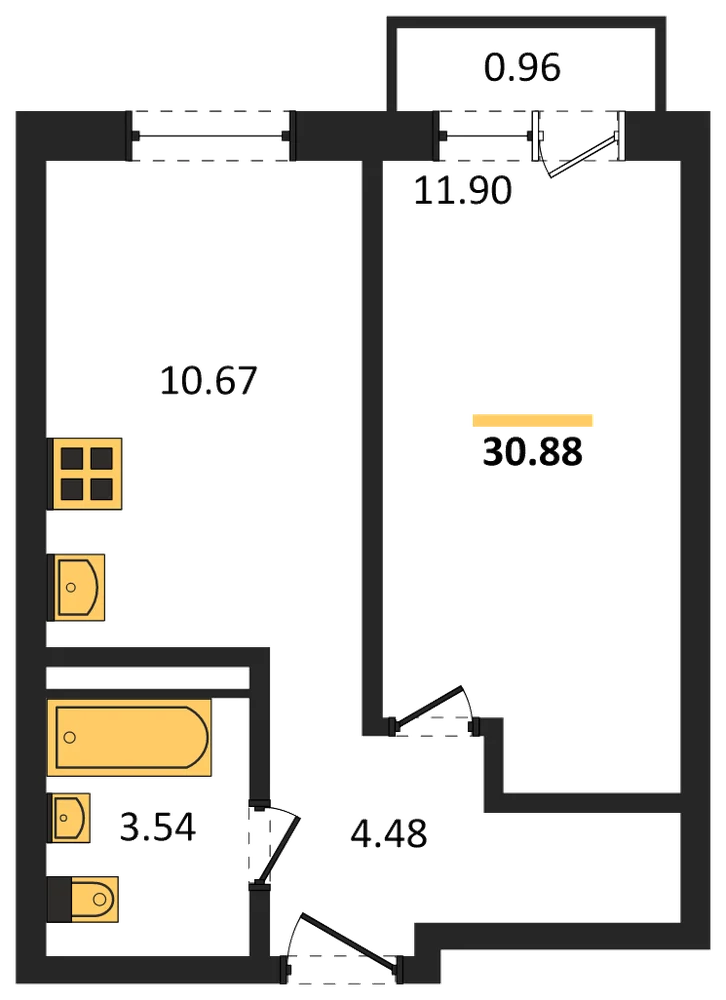 Планировка: 1-комн., 30,9 м²
