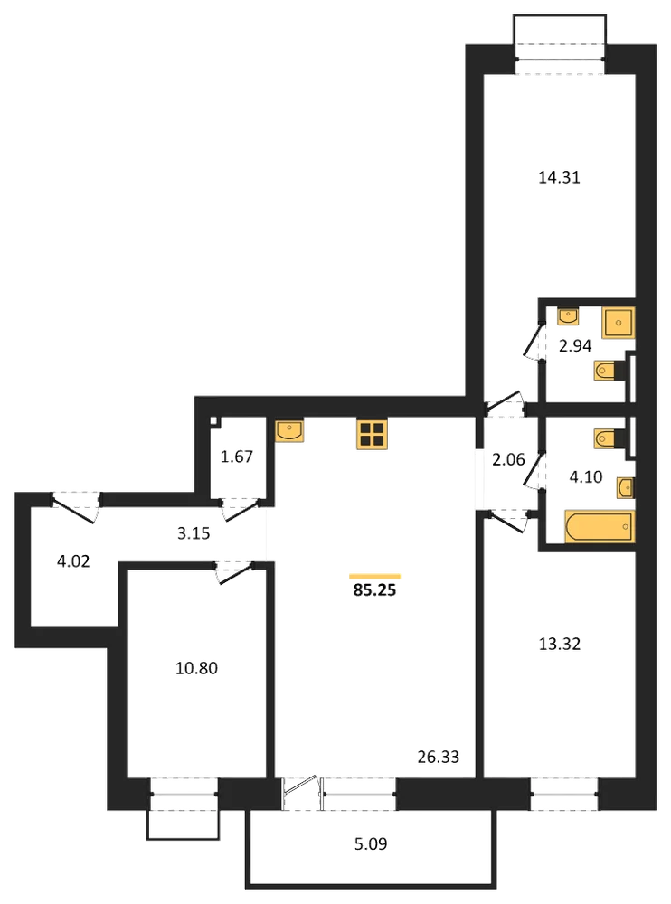 Планировка: 3-комн., 85,3 м²