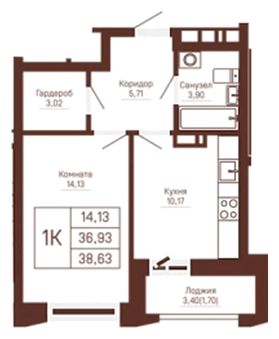 Планировка: 1-комн., 38,6 м²
