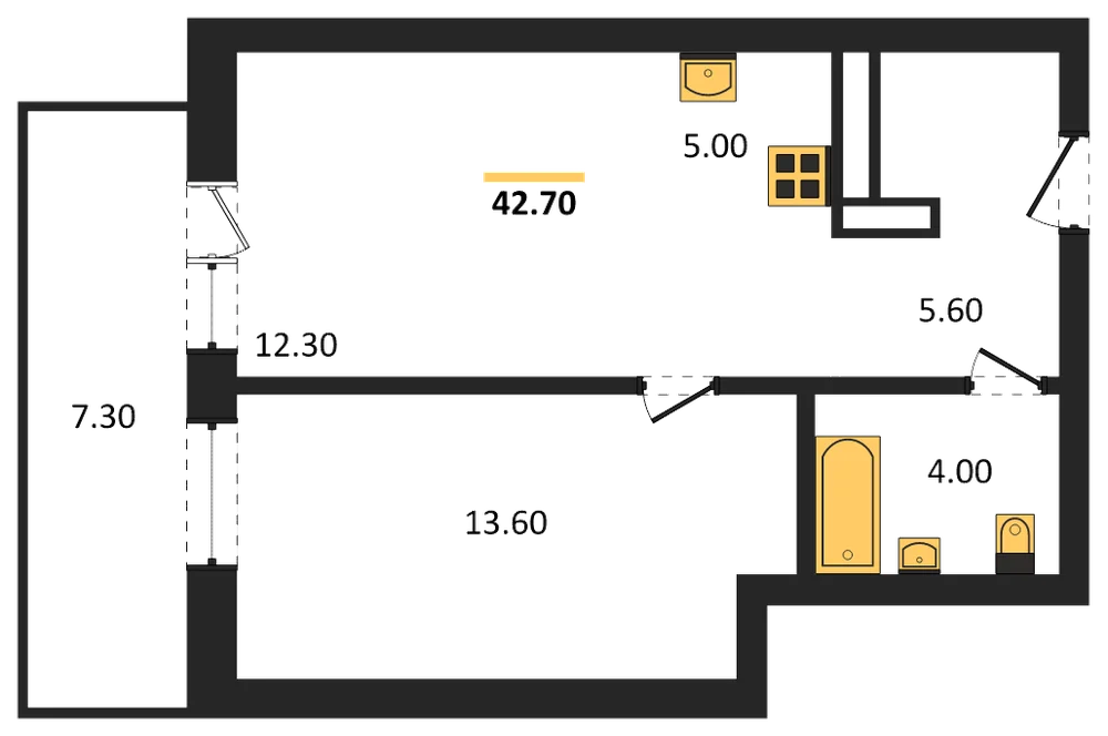 Планировка: 1-комн., 42,7 м²
