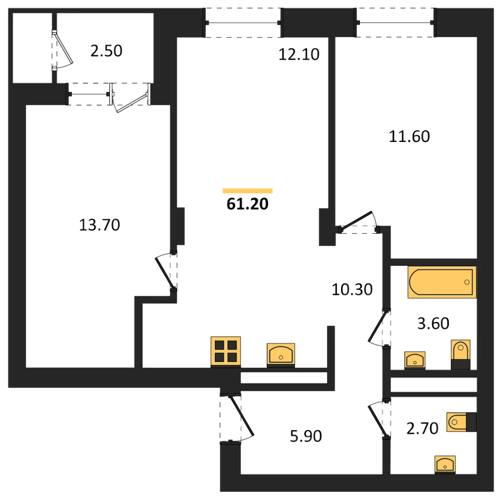 Планировка: 2-комн., 61,2 м²
