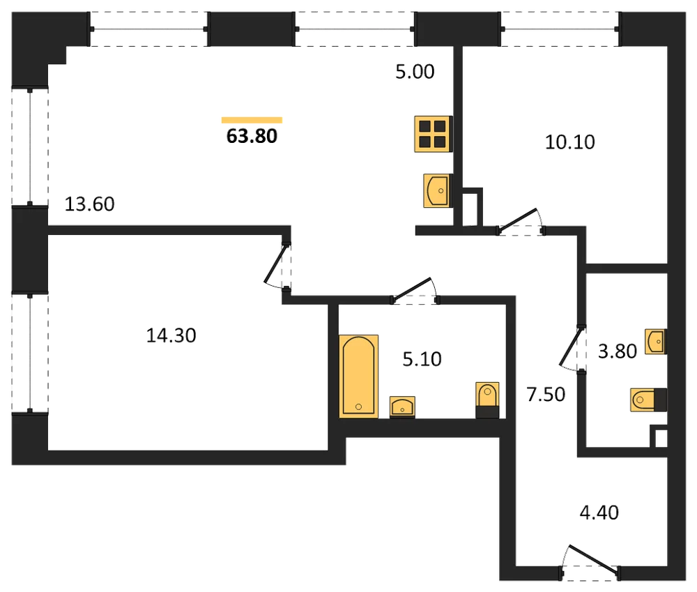 Планировка: 3-комн., 63,8 м²