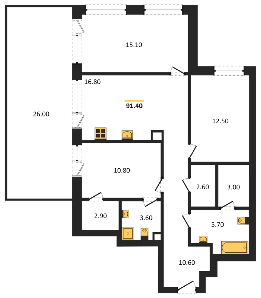 Планировка: 3-комн., 91,4 м²