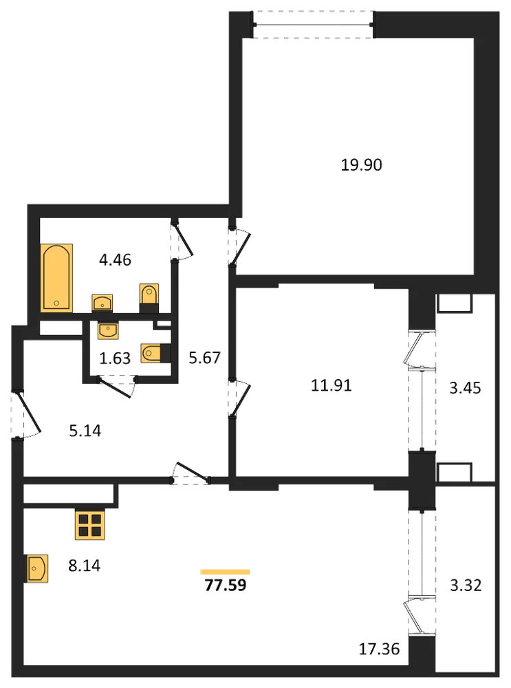 Планировка: 2-комн., 77,6 м²