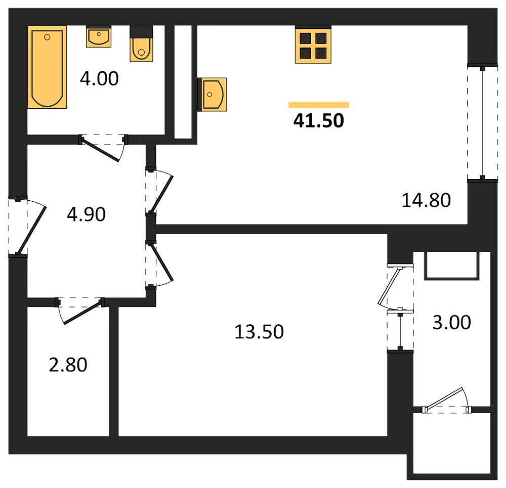 Планировка: 1-комн., 41,5 м²