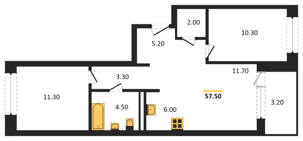 Планировка: 2-комн., 57,5 м²