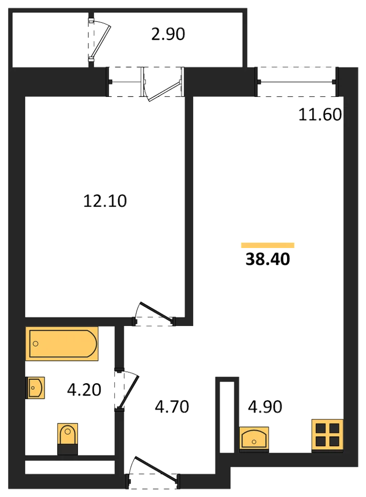 Планировка: 1-комн., 38,4 м²