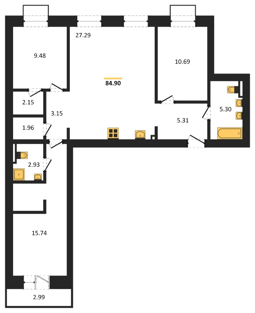 Планировка: 3-комн., 84,9 м²