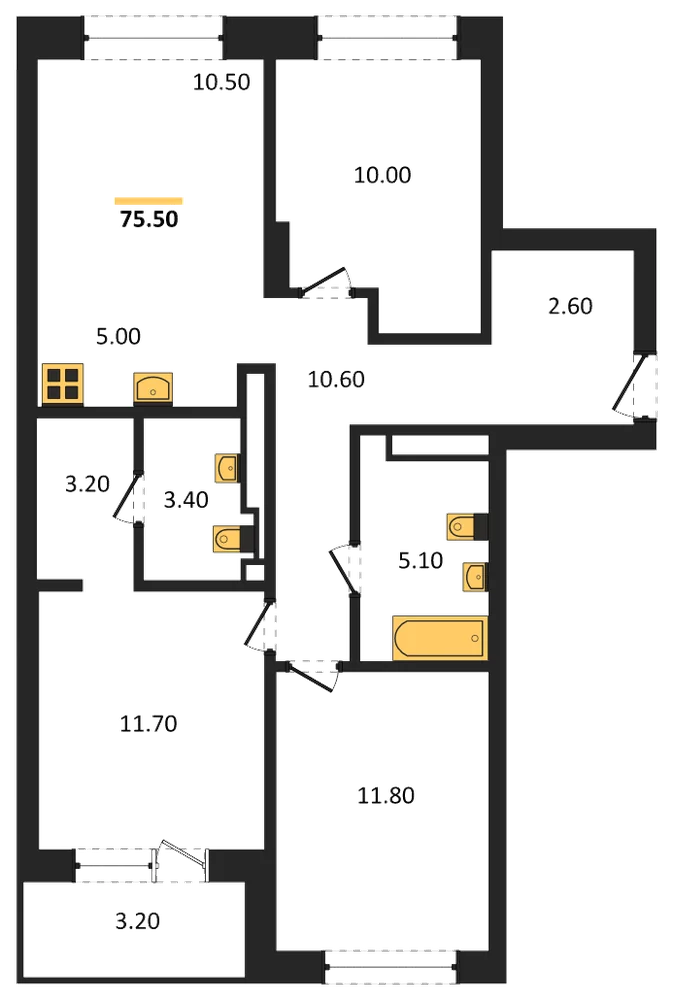 Планировка: 3-комн., 75,5 м²