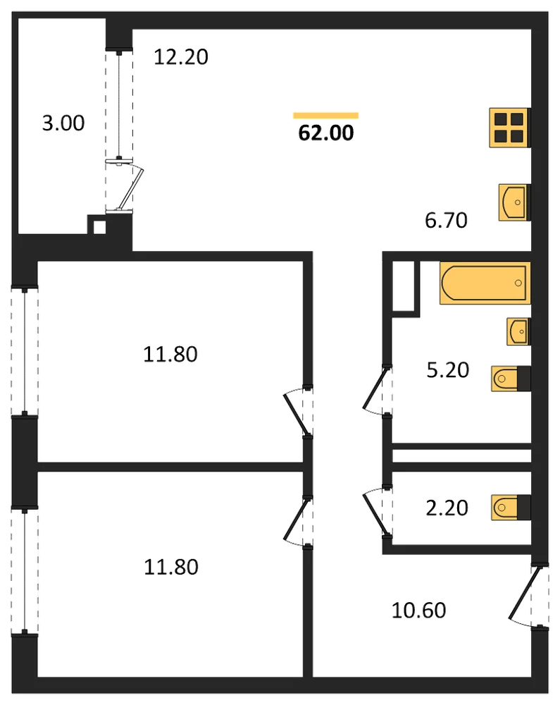 Планировка: 2-комн., 62 м²