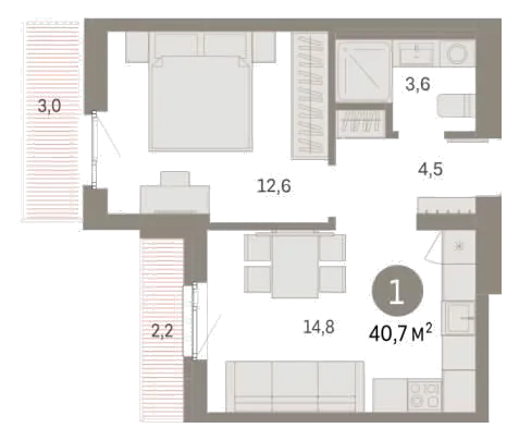 Планировка: 1-комн., 40,7 м²