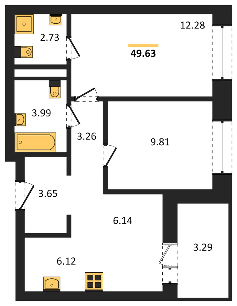 Планировка: 2-комн., 49,6 м²