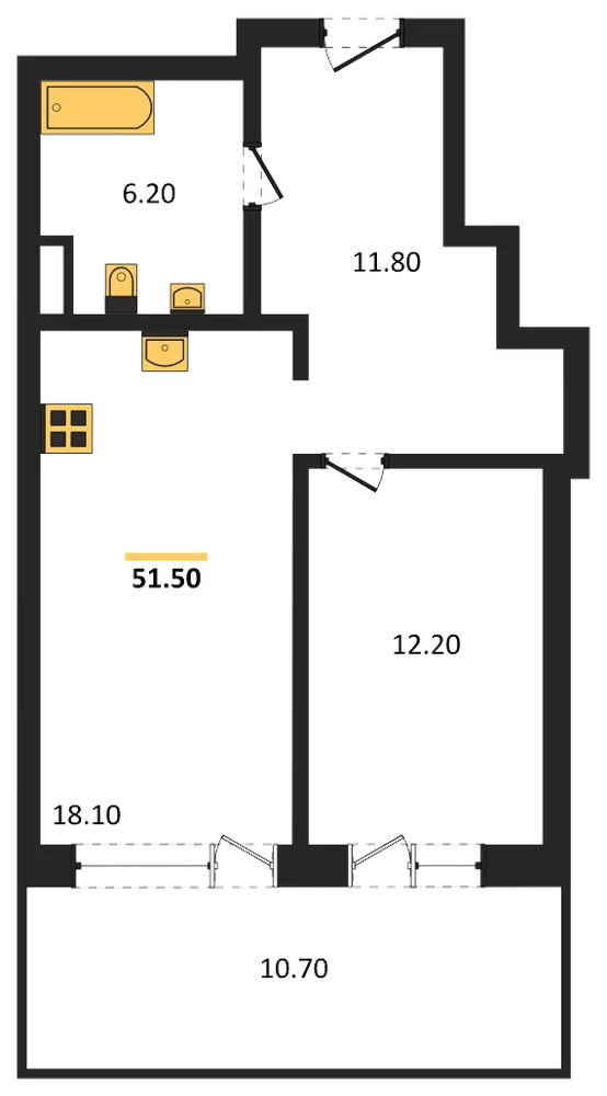 Планировка: 1-комн., 51,5 м²