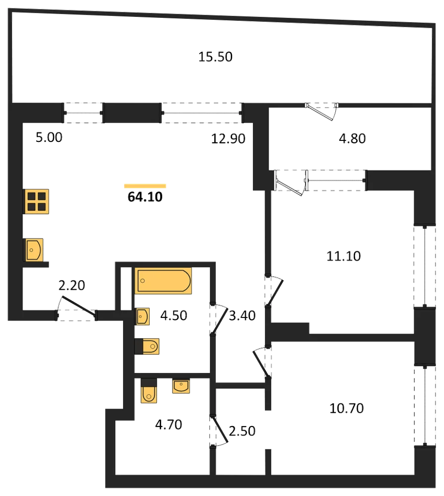 Планировка: 2-комн., 64,1 м²