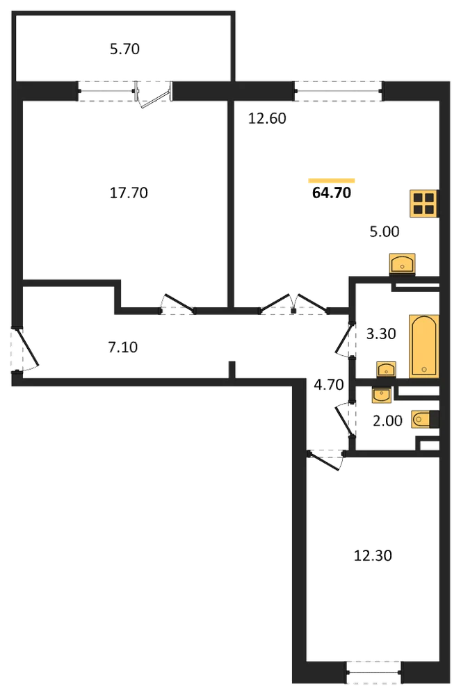 Планировка: 2-комн., 64 м²
