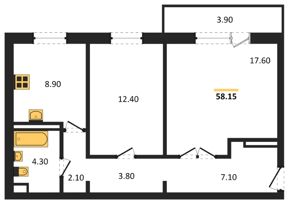 Планировка: 2-комн., 56,1 м²