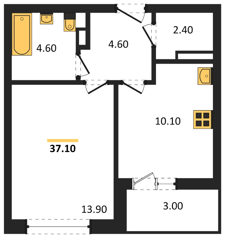 Планировка: 1-комн., 36,9 м²