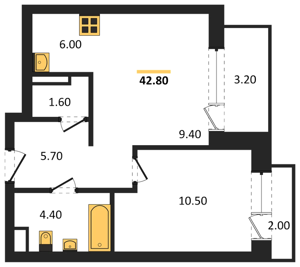 Планировка: 1-комн., 42,8 м²
