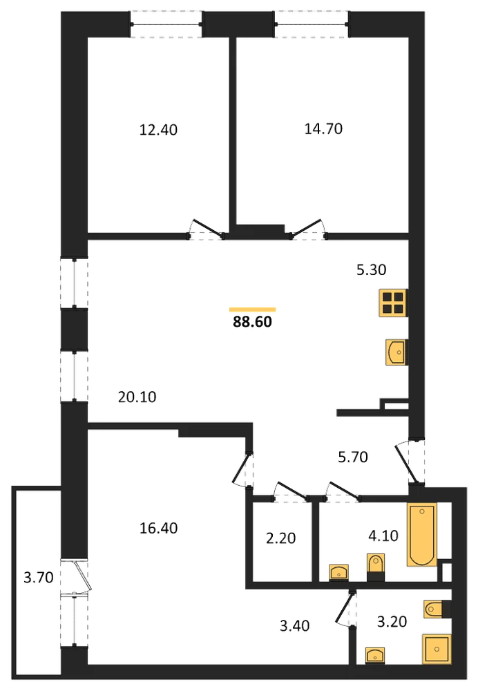 Планировка: 3-комн., 88,6 м²