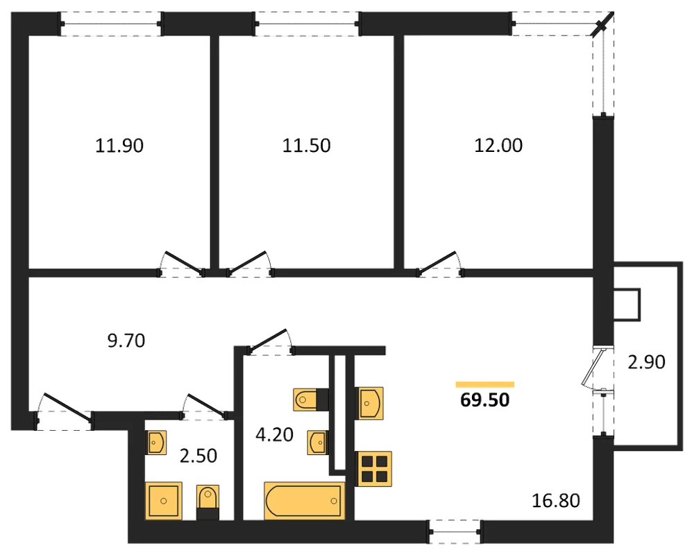 Планировка: 3-комн., 69,5 м²